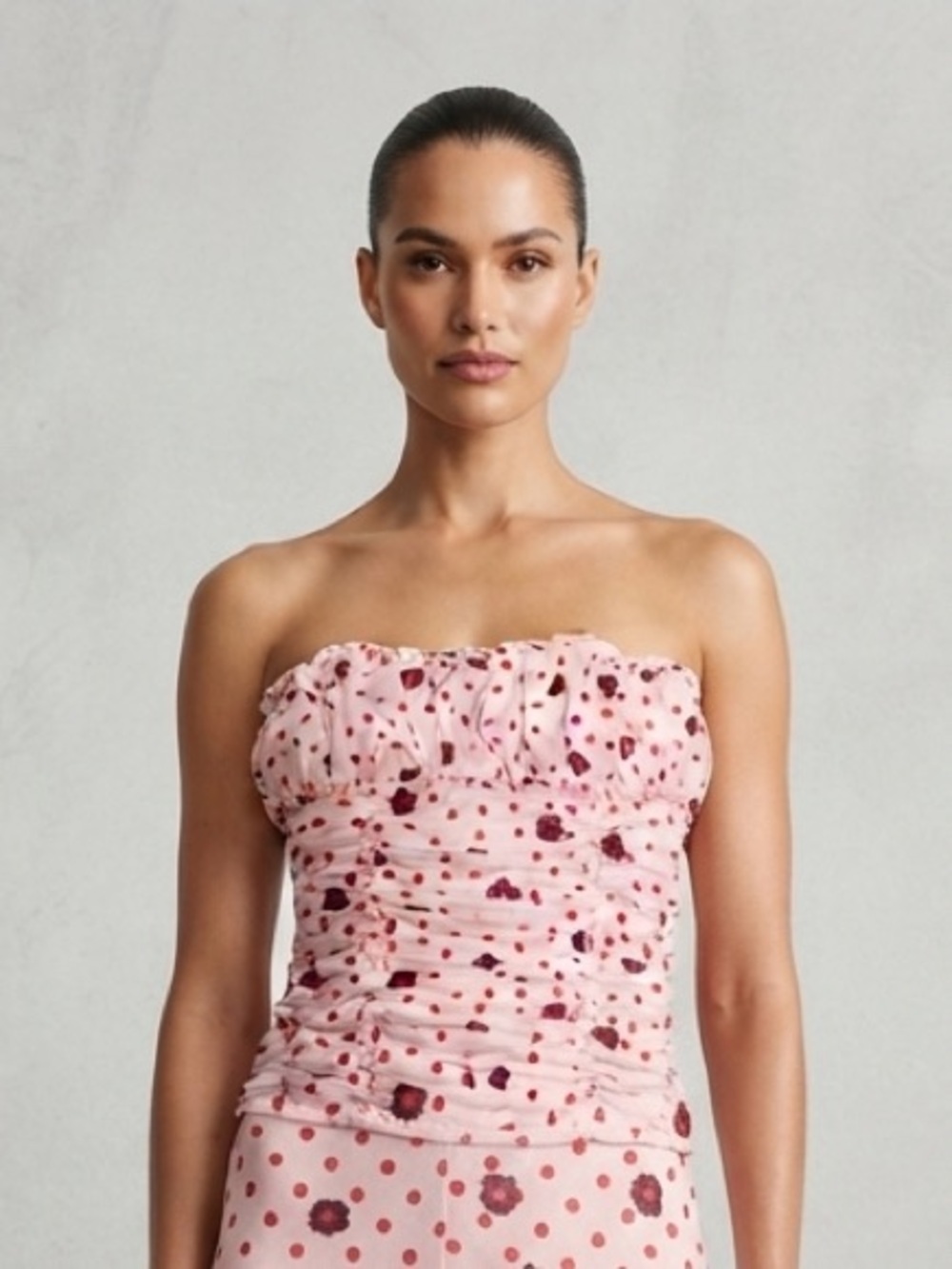 Free People Strapless White Dress with Red Floral & Polka Dot Print